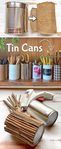 tin cans are stacked on top of each other with pencils and scissors in them