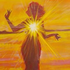 a painting of a person standing in the sun with his arms spread out and hands outstretched