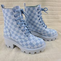 Suree By Cape Robbin Two Tone Light Blue Checker Pattern Lace Up Platform Boots. 1 1/4 Inch Platform 3 Inch Heel Light Weight Man Made Materials. Blue Round Toe Boots For Summer, Blue Closed Toe Summer Boots, Light Blue Round Toe Boots For Spring, Danish Pastel Shoes, Blue Summer Boots With Round Toe, Fun Boots, Jean Boots, Trendy Blue Summer Boots, Blue Platform Boots For Spring