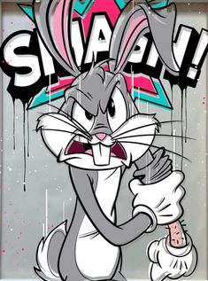 an image of a cartoon rabbit holding a spray paint can in front of the word graffiti