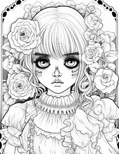 a girl with flowers on her head and eyes, in the background is an ornate frame