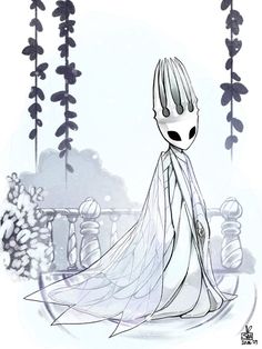 a drawing of a woman in a white dress with an alien face on her head