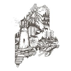 a black and white drawing of a lighthouse in the middle of mountains with trees around it