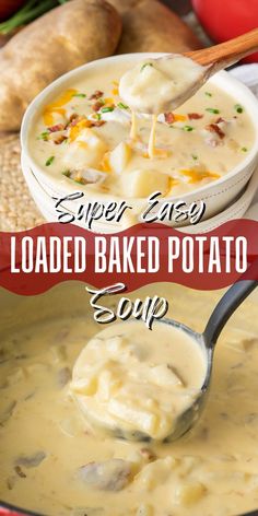 a ladle full of loaded baked potato soup is being spooned into the bowl