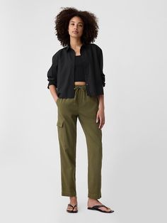 Mid Rise Easy Cargo Pants Casual Workwear Cargo Pants With Elastic Waistband, Casual Cargo Pants With Elastic Waistband For Work, High-rise Cotton Cargo Pants For Everyday, Everyday High-waisted Relaxed Fit Cargo Pants, Ankle-length Cotton Cargo Pants For Elevated Casual, Everyday Five-pocket Tapered Cargo Pants, Fitted Ankle-length Cargo Pants With Elastic Waistband, Welt Pocket, Cargo Pants