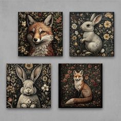 Bring the charm of the forest into your home with this set of 4 woodland animal wall art prints, featuring intricately detailed fox and rabbit portraits surrounded by floral and botanical elements. Perfect for cottagecore, rustic, and nature-inspired home decor, these prints add warmth and serenity to living rooms, bedrooms, nurseries, or reading nooks. The soft earthy tones and enchanting designs create a cozy and timeless aesthetic that blends seamlessly with vintage and natural themes. Whethe Woodland Theme Living Room, Woodland Animal Decor, Simple Tapestry, Animal Wall Art Prints, Woodland Animal Wall Art, Awesome Paintings, Owl Wings, Wall Art Set Of 4, Nature Enthusiast