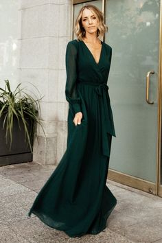 Chiffon V-neck Maxi Dress With Tie Waist, Chiffon V-neck Wrap Dress For Party, Chic V-neck Chiffon Wrap Dress, Chic Chiffon V-neck Wrap Dress, Chic Chiffon Wrap Dress, Green Chiffon Maxi Dress For Fall, Green Chiffon Maxi Dress For Date Night, Chic Flowy Chiffon Wrap Dress, Chic Chiffon Flowy Wrap Dress