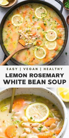 lemon rosemary white bean soup in a pan with spoons and lemon slices on the side