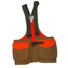 an orange and brown safety vest with two pockets on the front, one pocket is open