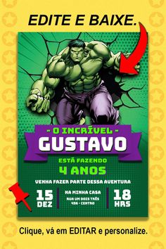 an advert for the event with a hulk character on it's back and red arrow