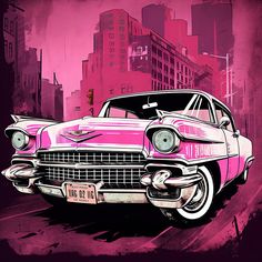 an old pink car parked on the side of the road in front of tall buildings