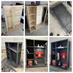 several pictures of different sports lockers and items in the process of being assembled together