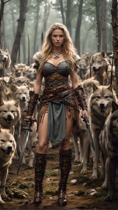 a woman dressed as a warrior standing in front of wolfs