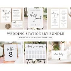 the wedding stationery bundle includes modern calligraphy and seating cards for guests to sign