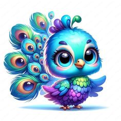 a cute little blue bird with lots of feathers on it's back and eyes