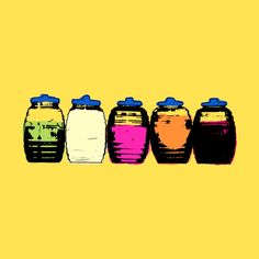 a row of different colored jars sitting next to each other on a yellow background,