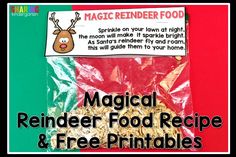 a bag of reindeer food on top of a red and green background with the text, magic