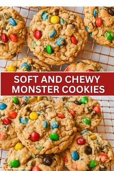 soft and chewy monster cookies with m & m's in the middle on a cooling rack