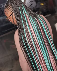 Pink And Blue Peekaboo Braids, Pink And Blue Knotless Braids, Pink Blue And Black Knotless Braids, Colorful Knotless Box Braids, Peak A Boo Hair Color Braids, Braids With Color Underneath, Brown And Blue Braids, 3 Different Color Box Braids, Braids Color Ideas