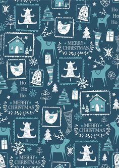 a blue and white christmas wallpaper with reindeers, trees, snowflakes and houses