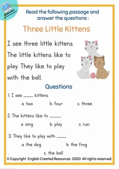 the three little kittens worksheet for children to learn how to read them