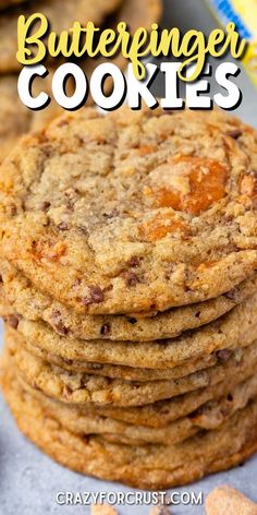 cookies stacked on top of each other with the words butterfingered cookies in the background