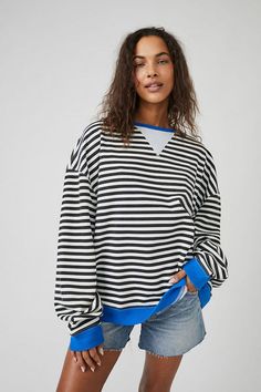 This ain't your grandpa's sweater. This crewneck is all about effortless vibes and endless outfit options. Think oversized stripes that drape like a dream, a comfy, slouchy silhouette that says "I woke up like this", and classic black and white that... Grandpa Sweater, Free People Clothing, Blue Trim, Oversized Fits, A Dream, Classic Black, Stripes