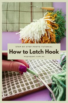 a woman's hand is knitting yarn with the words how to latch hook