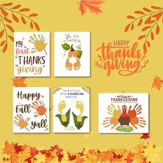 four thanksgiving cards with the words happy thanksgiving and two turkeys on them, surrounded by fall leaves