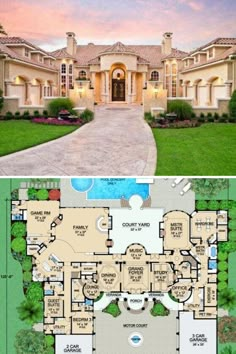 two different views of a large house and the same floor plan for each room in this home