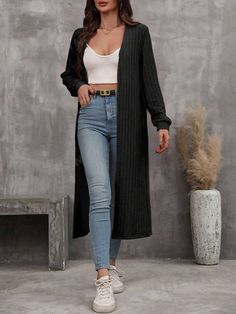 Style:Casual \nType:Other \nSleeve Type:Regular Sleeve \nColor:Black \nPattern Type:Plain \nSleeve Length:Long Sleeve \nFit Type:Regular Fit \nLength:Long \nMaterial:Knitted Fabric \nComposition:95% Polyester \nComposition:5% Elastane \nCare Instructions:Machine wash or professional dry clean \nSheer:No \nFabric:Medium Stretch \nBody:Unlined \nPockets:No \nTemperature:Spring/Fall (18-25℃/63-77℉) \n Long Cardigan Coat, Pullover Outfit, Long Knit Cardigan, Long Sleeve Knitted Cardigan, Style Cardigan, Cardigan Sweaters For Women, Cardigan Coat, Knit Sweater Cardigan, Long Cardigan