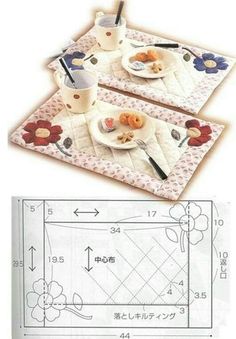 two placemats with plates and cups on them, next to a pattern for the table runner