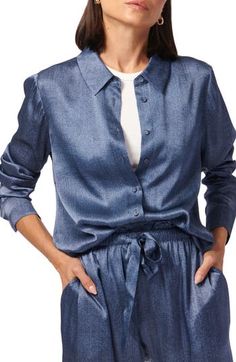 Lustrous silk charmeuse elevates a luxe button-up shirt cut in a relaxed fit that's perfect for wearing solo or layering up. 25 1/2" length Front button closure Point collar Long sleeves with button cuffs 100% silk Dry clean Imported Chic Viscose Button-up Shirt, Silk Button-up Shirt For Spring, Casual Silk Button-up Tops, Chic Viscose Shirt, Chic Viscose Shirt With Button Closure, Casual Silk Blouse With Spread Collar, Casual Silk Blouse With Buttons, Casual Silk Button-up Blouse, Casual Button-up Silk Blouse