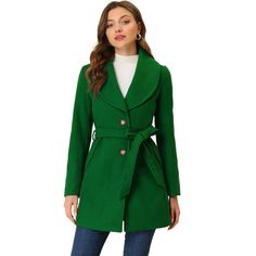 Cut in a regular fit with a belted waist, this coat features side pockets and a turn-down collared neckline which is combined with its long length, and elongates the silhouette. Layered over a pencil dress for a demure finish, or paired well with knit shirts and wide-leg pants for weekend style. Polished with chic pockets at the sides and a single-button mid, it oozes elegance and will match seamlessly with your office attire. Belted Wool Coat With Lapel Collar For Spring, Spring Long Belted Wool Coat, Trendy Winter Outerwear With Belted Cuffs, Spring Single Breasted Shawl Collar Outerwear, Single Breasted Shawl Collar Outerwear For Spring, Collared Outerwear With Belted Cuffs For Office, Office Lapel Collar Belted Outerwear, Trendy Green Outerwear With Lapel Collar, Chic Belted Pea Coat With Lapel Collar