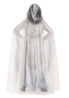 a person wearing a white ghost costume with a black hood and hands on their hips