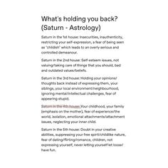 the back side of a white paper with words on it that say, what's holding you back? saturn - astrology