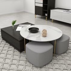 a table with two stools and a bowl on it in a living room setting