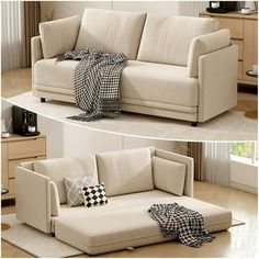 two pictures of a couch and ottoman with pillows