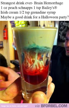 Coolest Halloween drink ever- Brain Hemorrhage! #recipe  Maybe use butterscotch schnapps instead (so it tastes better) Zombie Cocktail, Grenadine Syrup, Halloween Party Drinks, Baileys Irish, Peach Schnapps, Munnar, Halloween Cocktails, Baileys Irish Cream, Blue Curacao