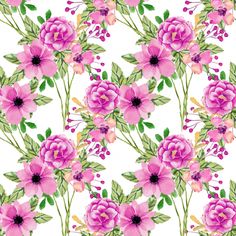 pink flowers and green leaves on a white background