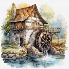 a painting of a water mill with a house next to it