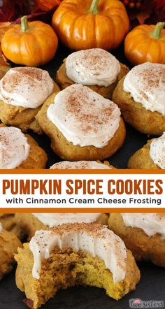 pumpkin spice cookies with cinnamon cream cheese frosting and mini pumpkins in the background