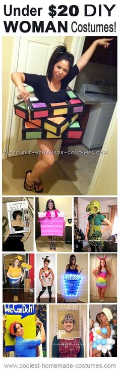 a collage of photos with the words under $ 20 diy woman costumes on it