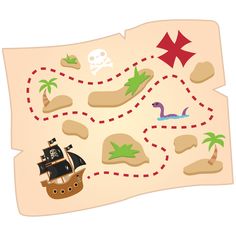 a pirate map is shown with an image of a ship and other items on it