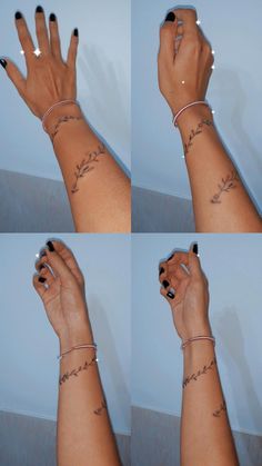 four pictures of hands with different designs on their fingers and wristbands, all showing the same tattoo design