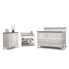 a baby crib and dresser are shown in three different colors, one is white