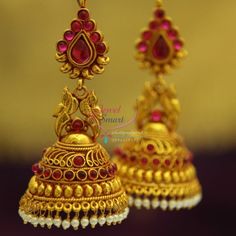 J1903-Broad-Grand-Temple-Kempu-Gold-Design-Ruby-Beads-Hangings-Dulhan-Jhumka-Buy Kerala Jewellery, Traditional Wedding Jewellery, Jewelry Closet, Bridal Jewels, Wedding Jewellery Collection, Antique Gold Jewelry, Ruby Beads, Traditional Earrings