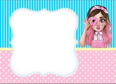 a girl with donuts on her face in front of a blue and pink background