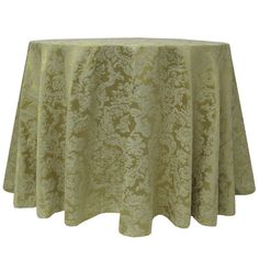 a round table covered with a light green damask cloth, on a white background