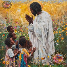 a painting of jesus surrounded by children in a flowery field with sun shining through the clouds